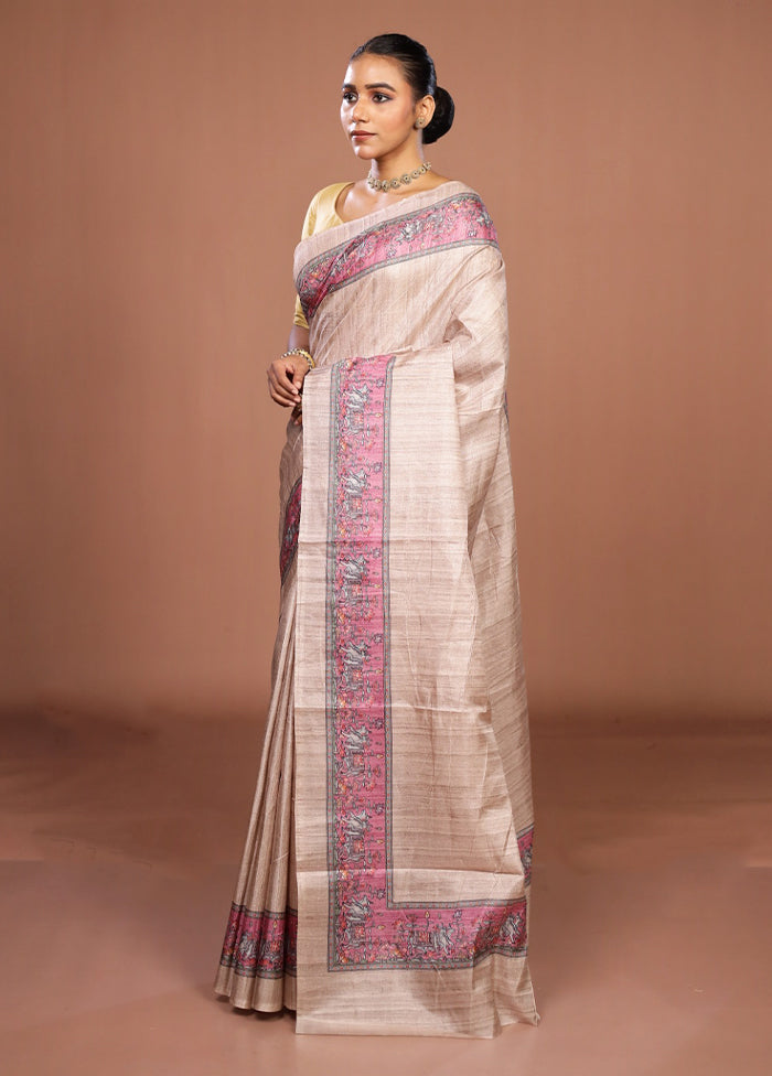 Cream Tussar Silk Saree With Blouse Piece