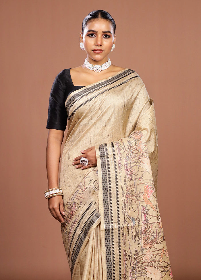 Cream Tussar Silk Saree With Blouse Piece