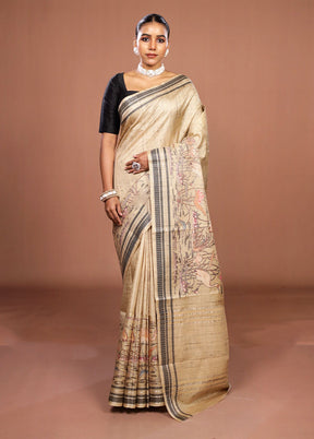 Cream Tussar Silk Saree With Blouse Piece