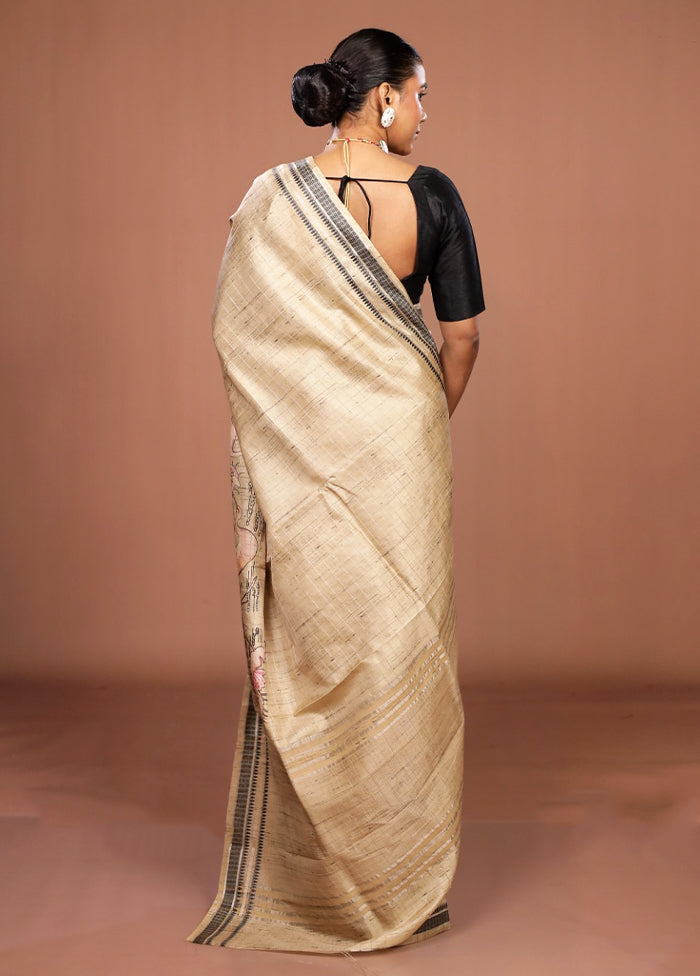 Cream Tussar Silk Saree With Blouse Piece
