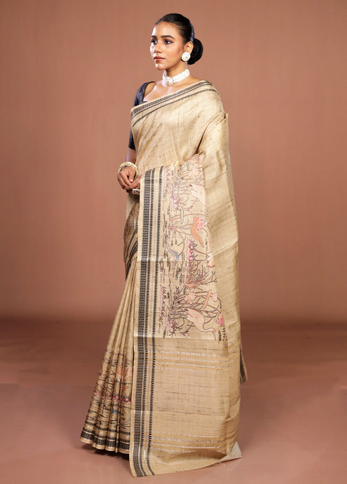 Cream Tussar Silk Saree With Blouse Piece