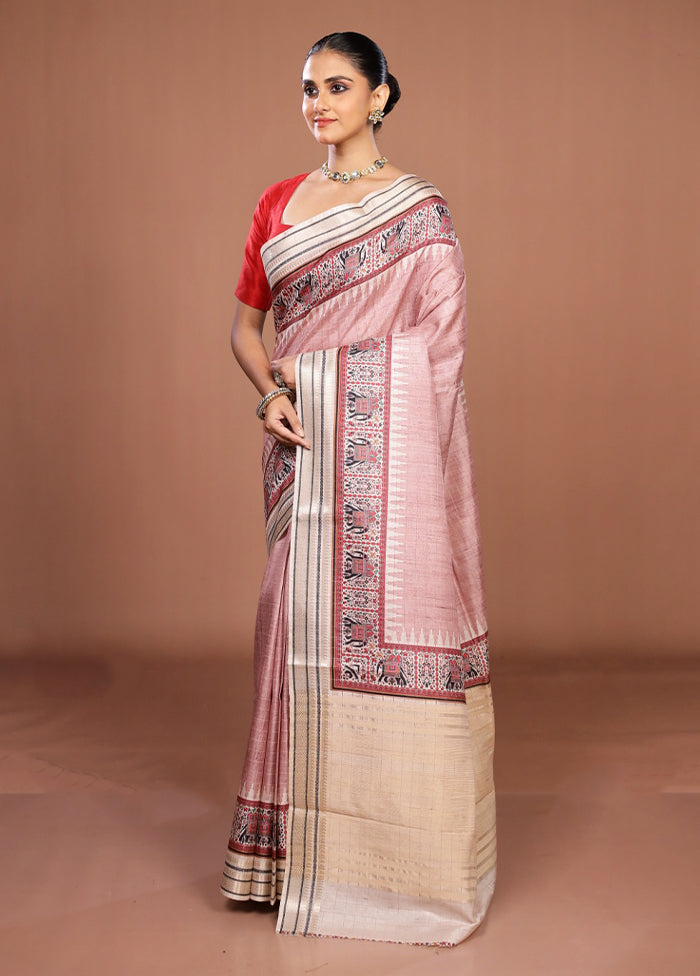 Pink Tussar Silk Saree With Blouse Piece