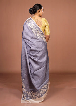 Grey Tussar Silk Saree With Blouse Piece