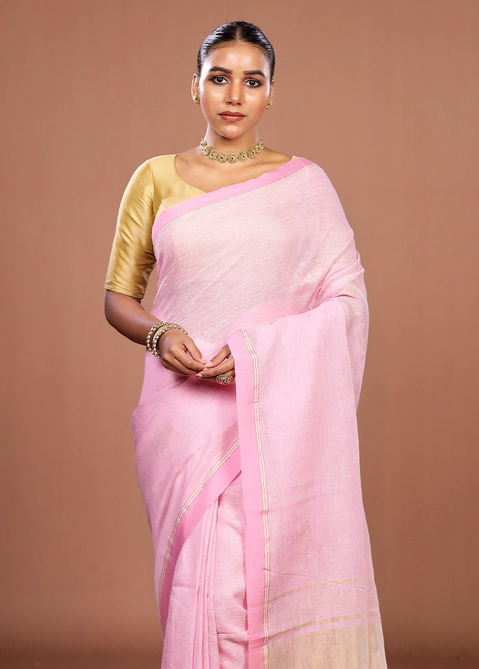 Pink Handloom Linen Pure Silk Saree With Blouse Piece