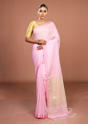 Pink Handloom Linen Pure Silk Saree With Blouse Piece