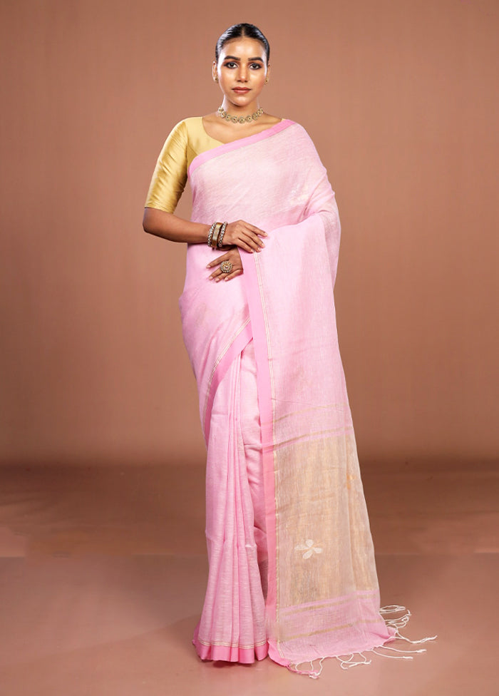 Pink Handloom Linen Pure Silk Saree With Blouse Piece