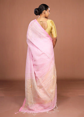 Pink Handloom Linen Pure Silk Saree With Blouse Piece