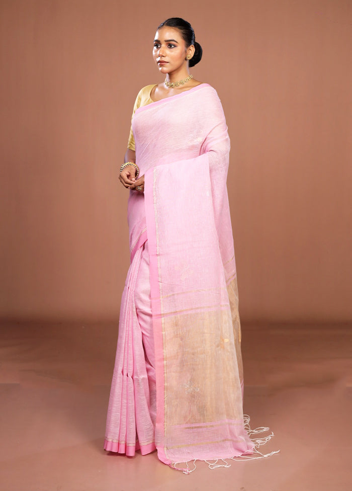 Pink Handloom Linen Pure Silk Saree With Blouse Piece