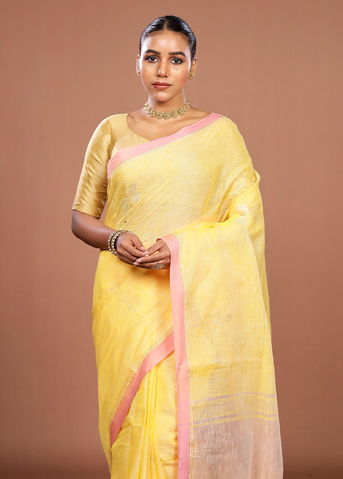 Yellow Handloom Linen Pure Silk Saree With Blouse Piece