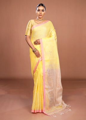 Yellow Handloom Linen Pure Silk Saree With Blouse Piece