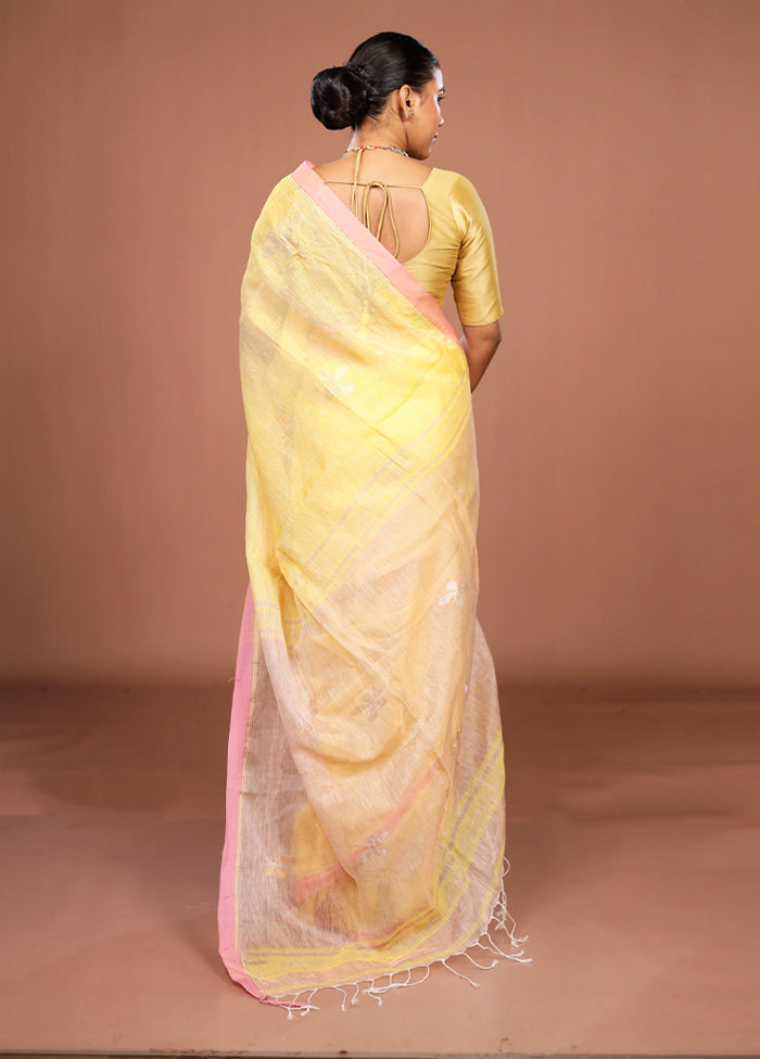Yellow Handloom Linen Pure Silk Saree With Blouse Piece