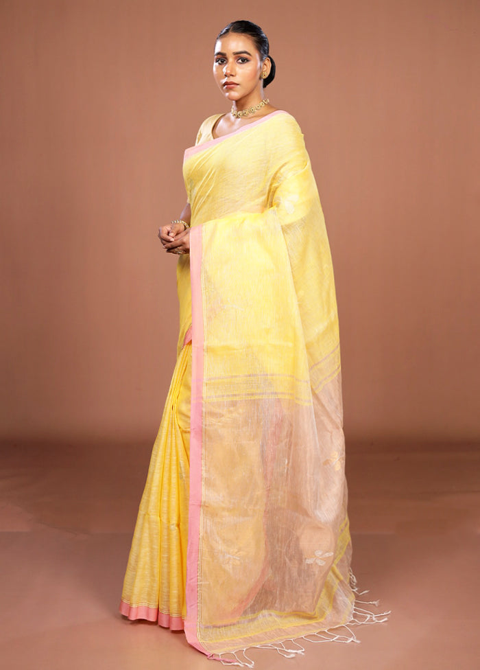 Yellow Handloom Linen Pure Silk Saree With Blouse Piece