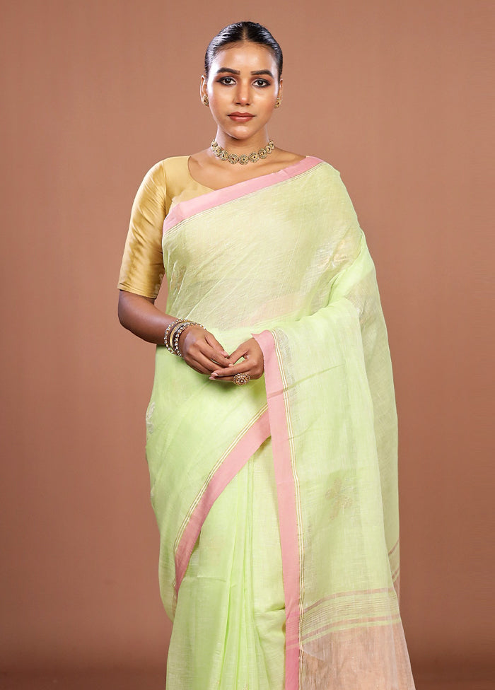 Green Handloom Linen Pure Silk Saree With Blouse Piece