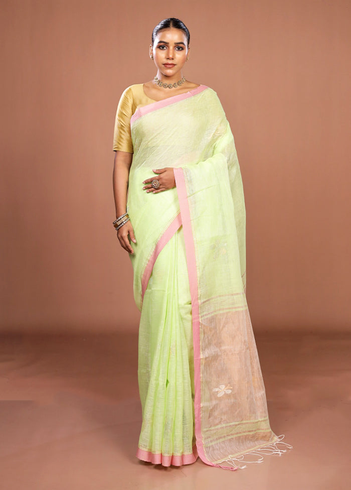 Green Handloom Linen Pure Silk Saree With Blouse Piece