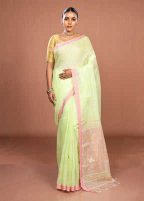 Green Handloom Linen Pure Silk Saree With Blouse Piece