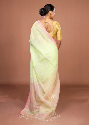 Green Handloom Linen Pure Silk Saree With Blouse Piece