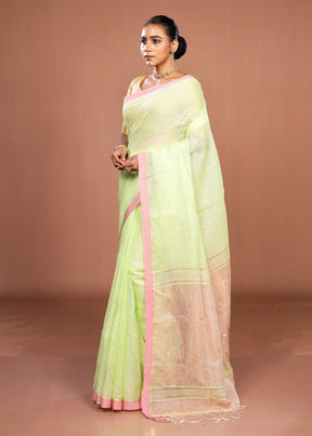 Green Handloom Linen Pure Silk Saree With Blouse Piece