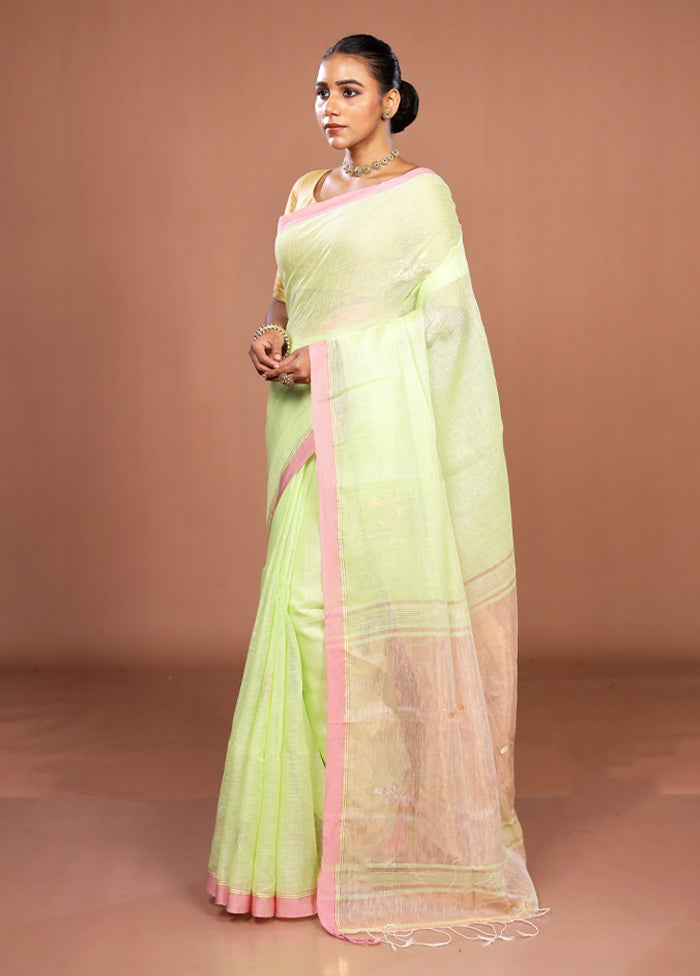 Green Handloom Linen Pure Silk Saree With Blouse Piece