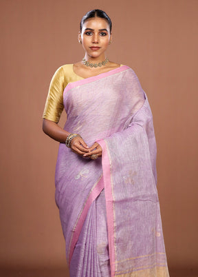 Purple Handloom Linen Pure Silk Saree With Blouse Piece