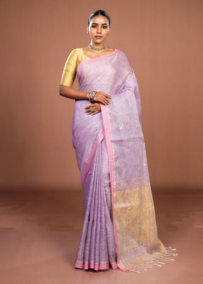 Purple Handloom Linen Pure Silk Saree With Blouse Piece