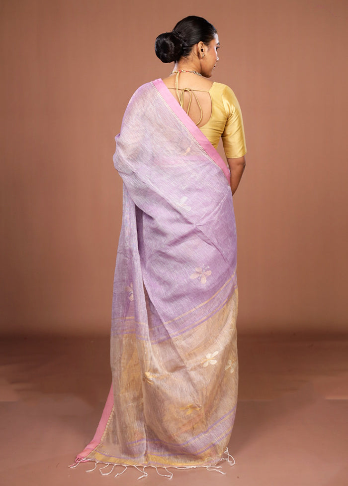 Purple Handloom Linen Pure Silk Saree With Blouse Piece
