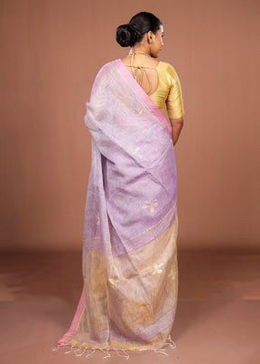 Purple Handloom Linen Pure Silk Saree With Blouse Piece