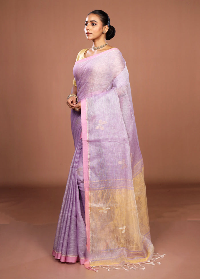 Purple Handloom Linen Pure Silk Saree With Blouse Piece