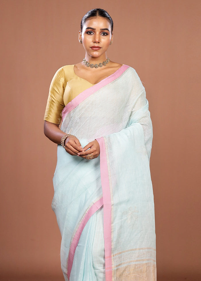 Blue Handloom Linen Pure Silk Saree With Blouse Piece