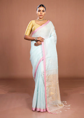 Blue Handloom Linen Pure Silk Saree With Blouse Piece