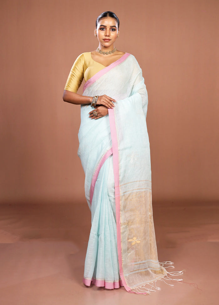 Blue Handloom Linen Pure Silk Saree With Blouse Piece
