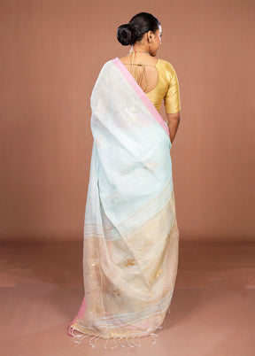 Blue Handloom Linen Pure Silk Saree With Blouse Piece