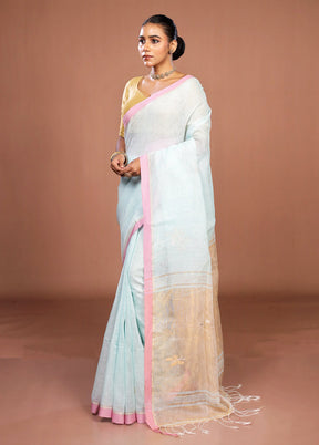 Blue Handloom Linen Pure Silk Saree With Blouse Piece