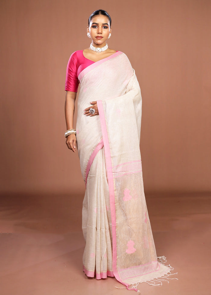 Cream Linen Silk Saree With Blouse Piece