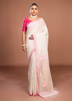 Cream Linen Silk Saree With Blouse Piece