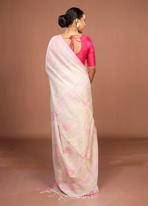 Cream Linen Silk Saree With Blouse Piece