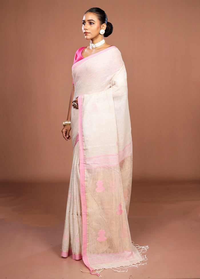 Cream Linen Silk Saree With Blouse Piece