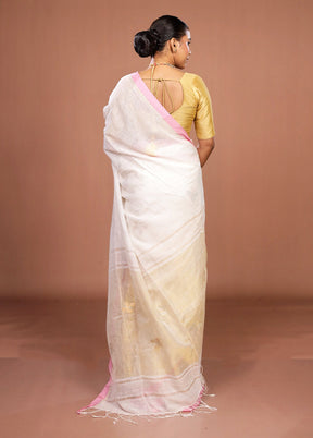 White Linen Silk Saree With Blouse Piece