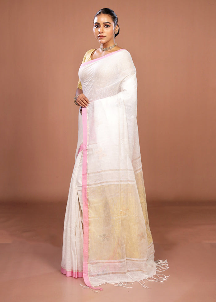 White Linen Silk Saree With Blouse Piece