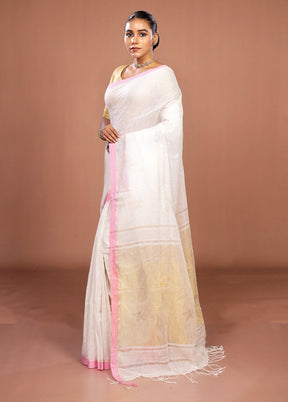 White Linen Silk Saree With Blouse Piece