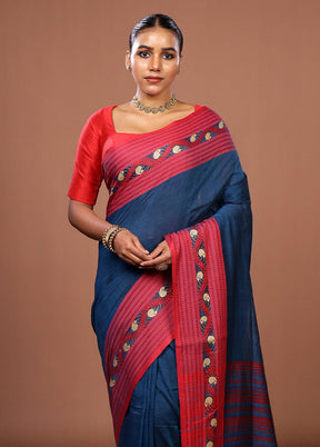 Blue Matka Silk Saree With Blouse Piece