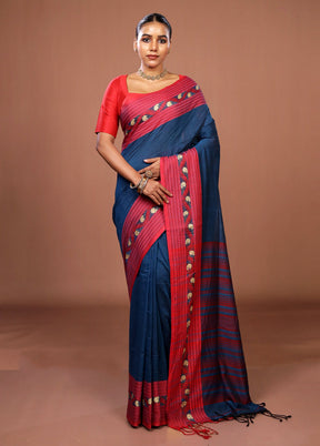 Blue Matka Silk Saree With Blouse Piece
