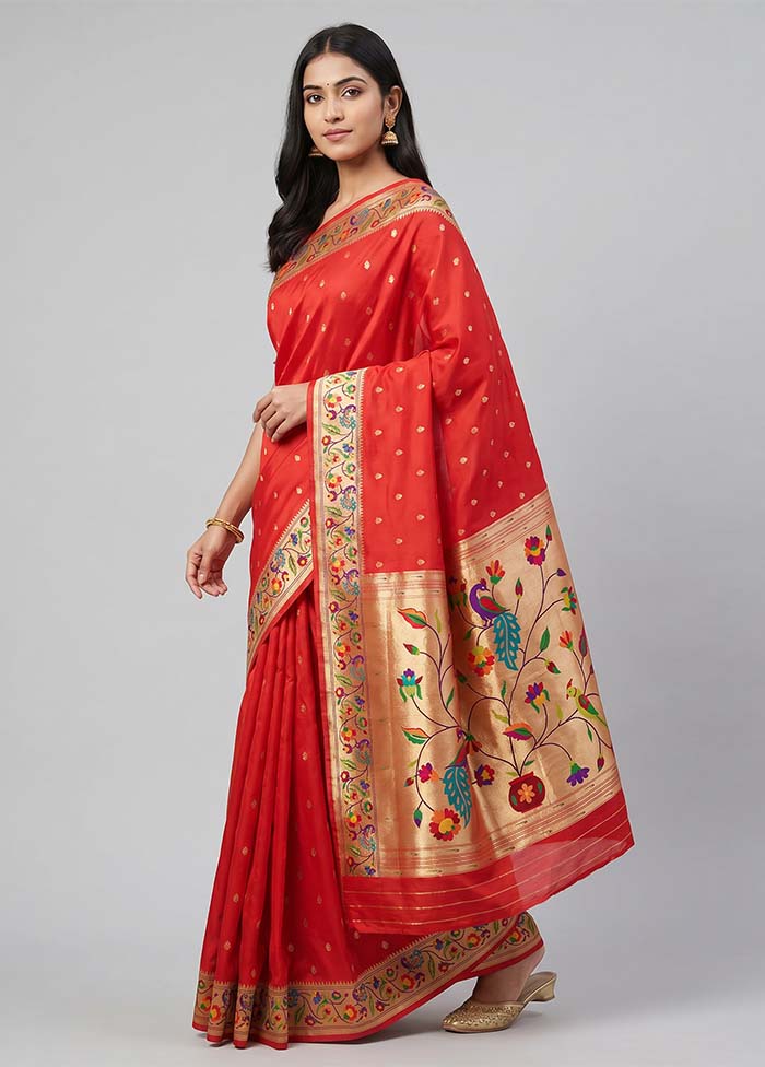 Red Dupion Silk Saree With Blouse Piece