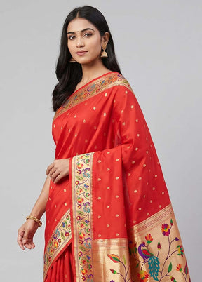 Red Dupion Silk Saree With Blouse Piece