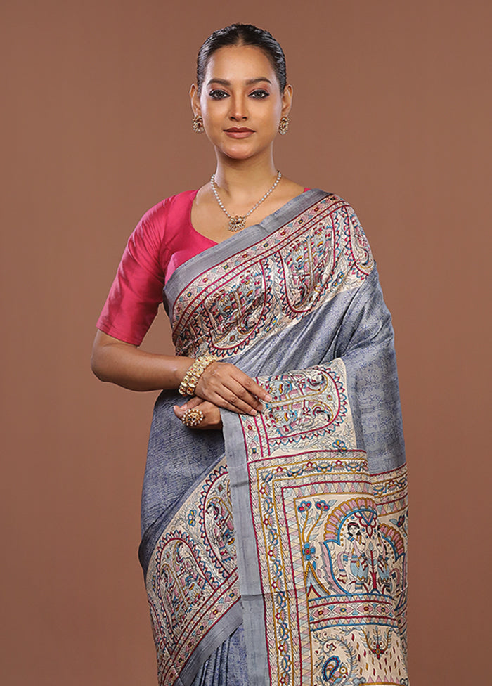 Grey Printed Pure Silk Saree With Blouse Piece