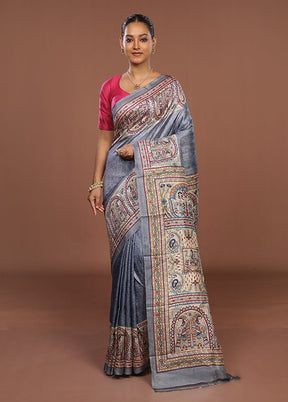 Grey Printed Pure Silk Saree With Blouse Piece