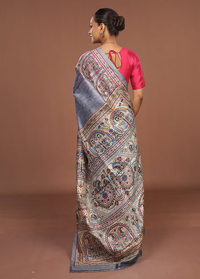 Grey Printed Pure Silk Saree With Blouse Piece
