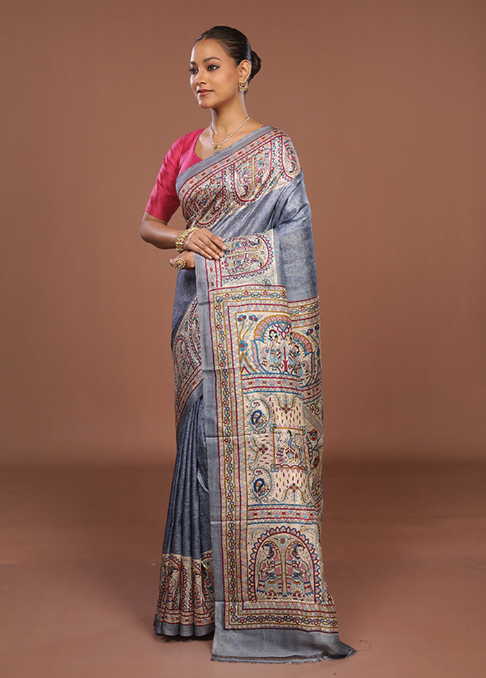 Grey Printed Pure Silk Saree With Blouse Piece