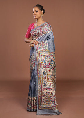 Grey Printed Pure Silk Saree With Blouse Piece
