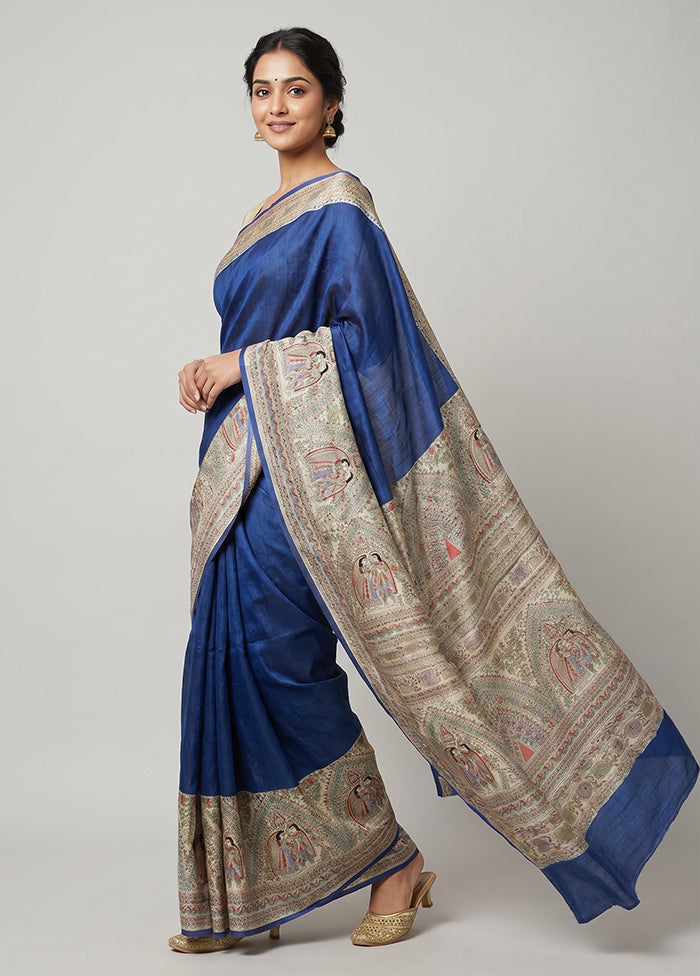 Blue Printed Silk Saree Without Blouse Piece