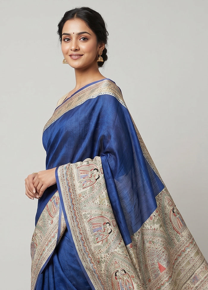 Blue Printed Silk Saree Without Blouse Piece